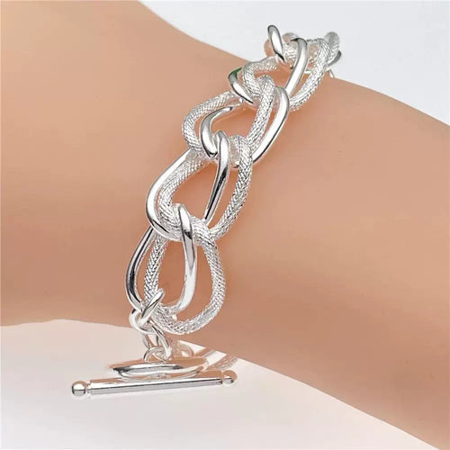 925 Sterling Silver Smooth Matte Double Twist Chain Charm Bracelet