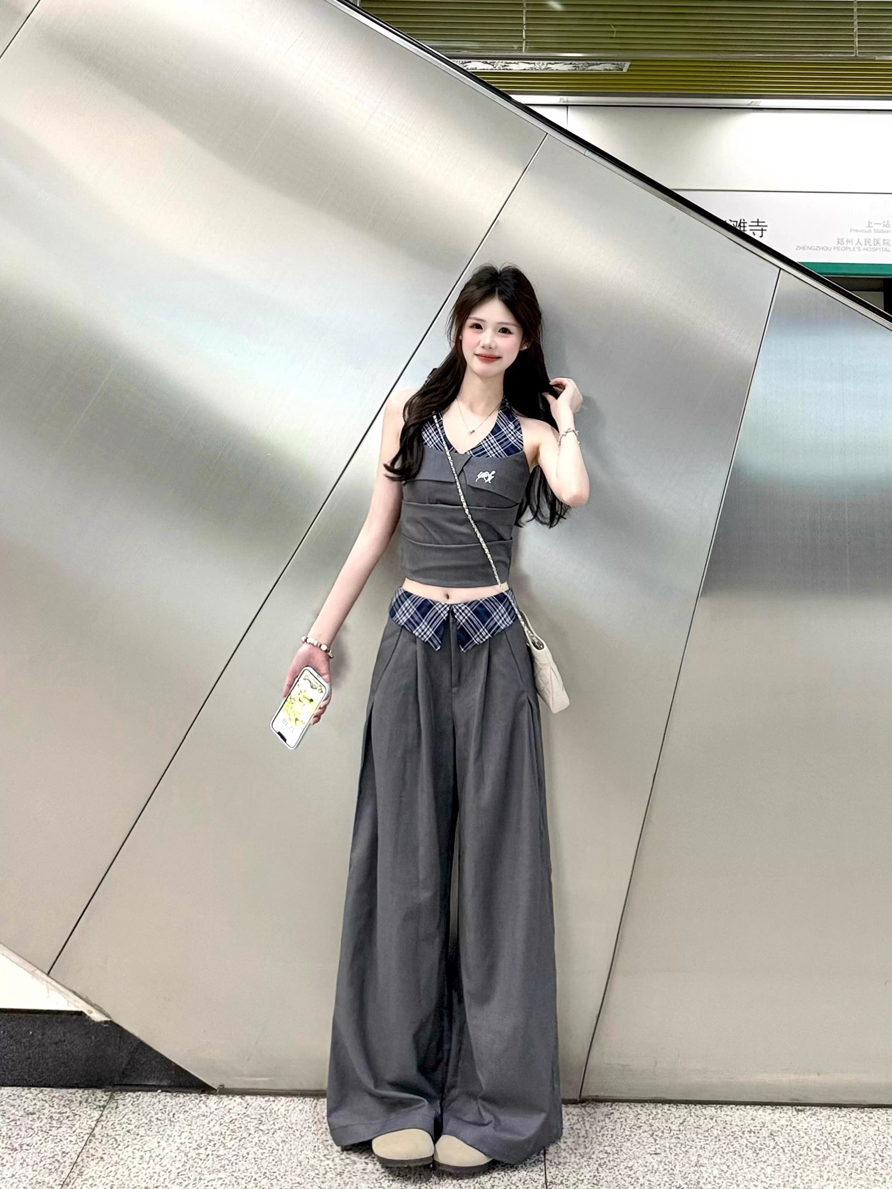 Preppy Style Trouser-suit Sleeveless Slash Neck Tops + Loose High-waist Baggy Pants