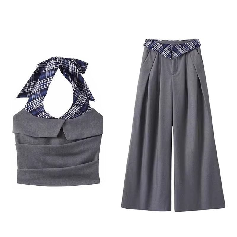 Preppy Style Trouser-suit Sleeveless Slash Neck Tops + Loose High-waist Baggy Pants
