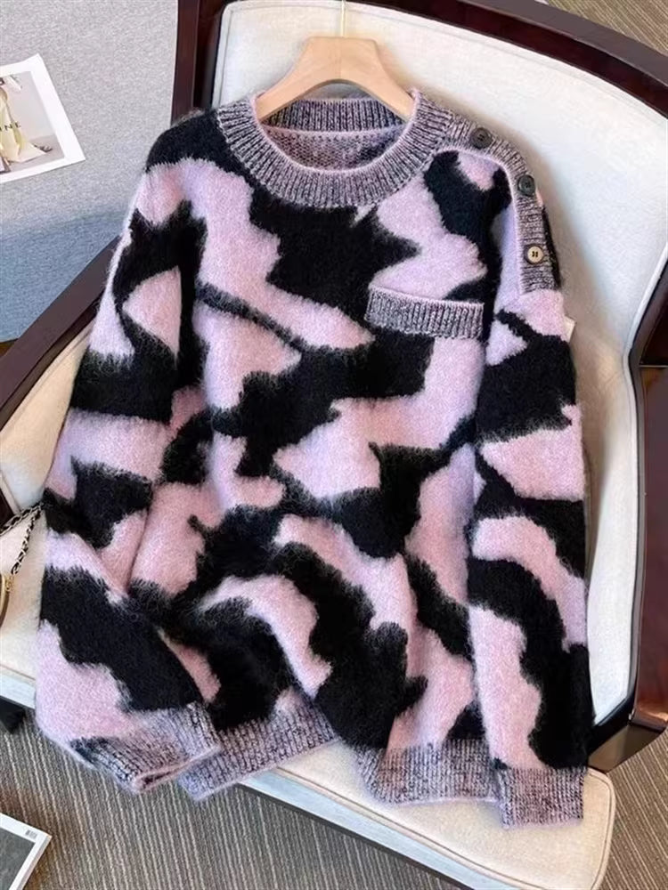 Loose Style Stripe Contrast Round Neck Pullover Thick Knitted Top Sweater