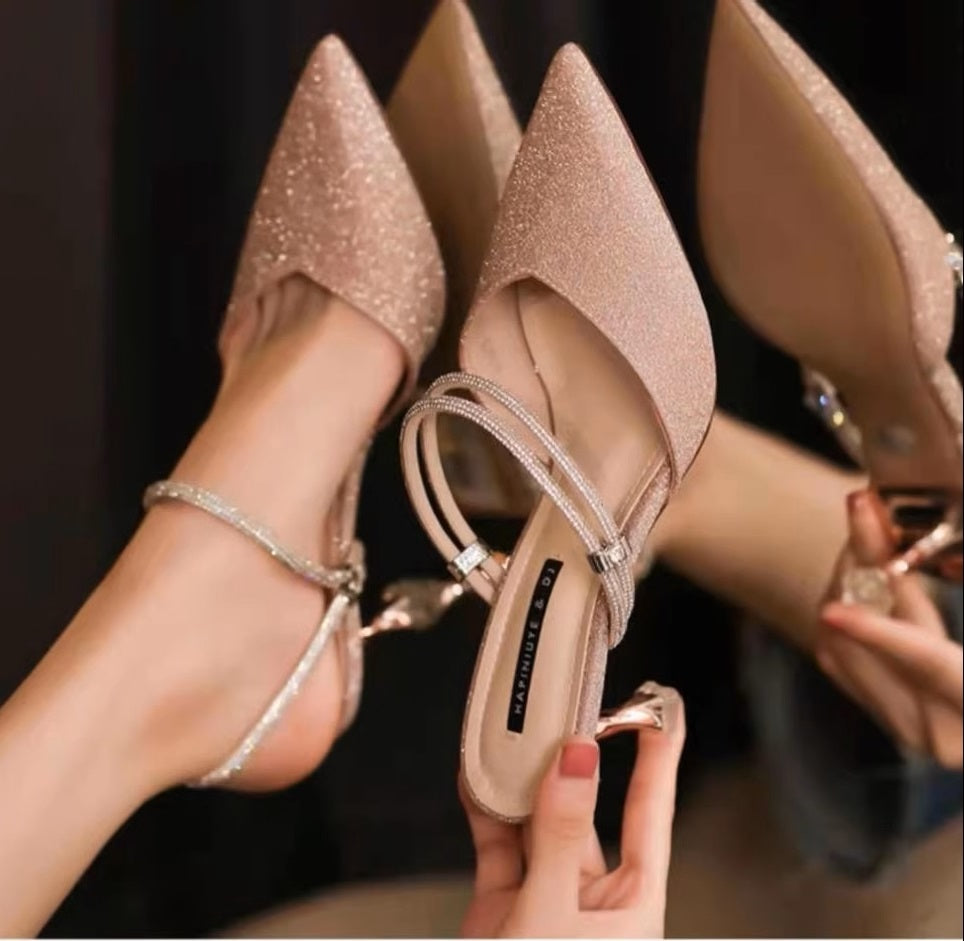 French Style Elegant Metallic Thin Stiletto Heels Slip-On Shoes