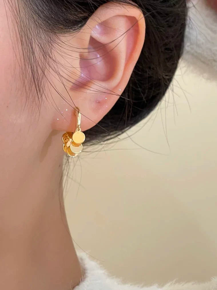 Handmade Exquisite Mini Wafer Swing Drop Round Copper Plating Lobe Earrings Pair