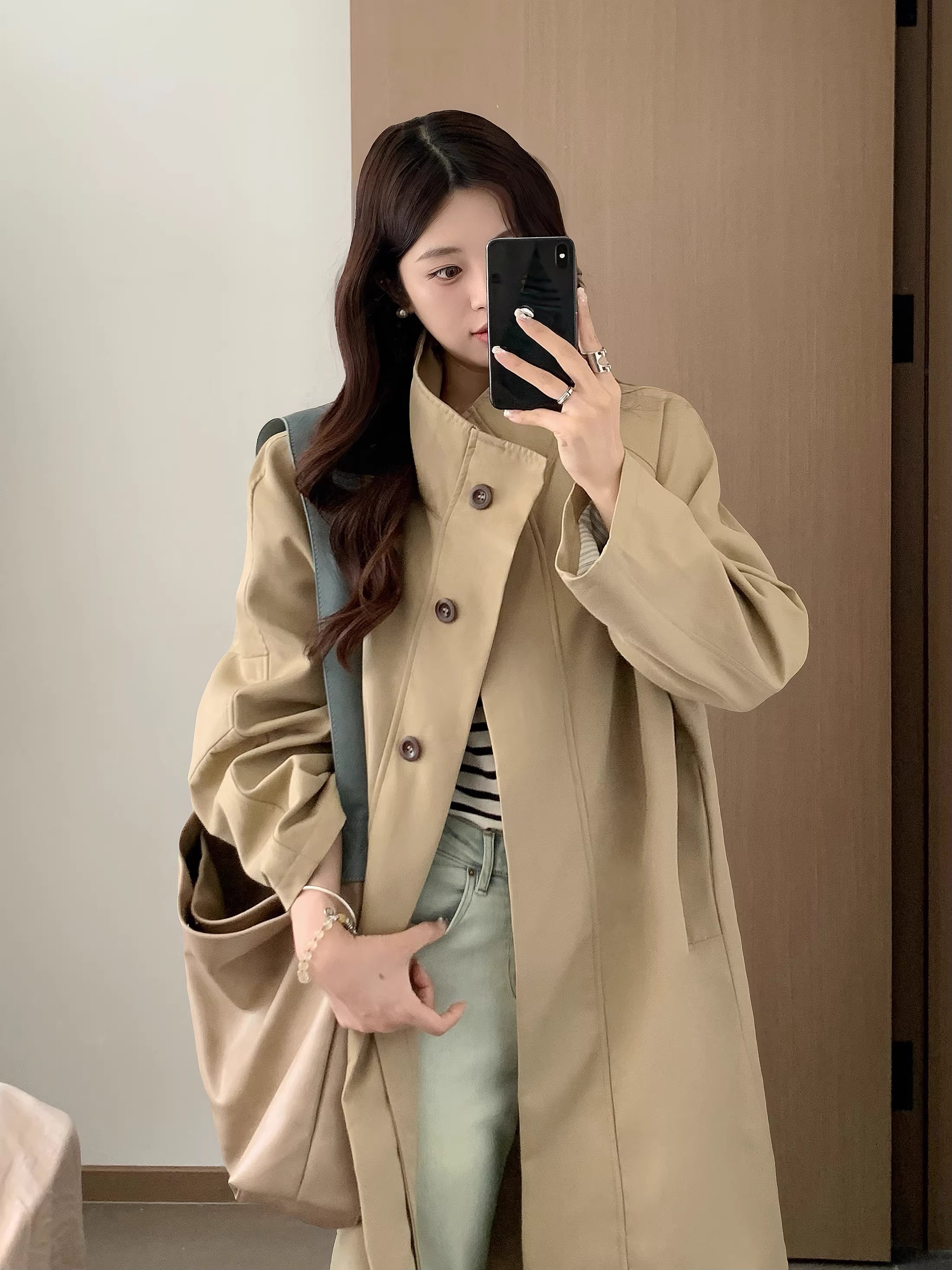 Elegant Style Stand Collar Oversized Striped Sleeve Trench Coat