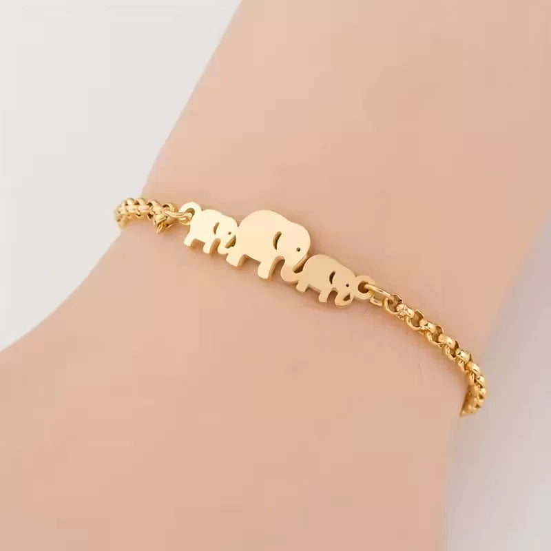 Gold Titanium S Steel / Rose Gold Moon Star Elephant Adjustable Charm Chain Cuff Bracelet
