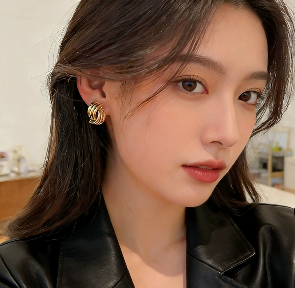 Elegant Exquisite Retro Two Tone  Gold Wind Leaf Sterling Stud Drop Earrings