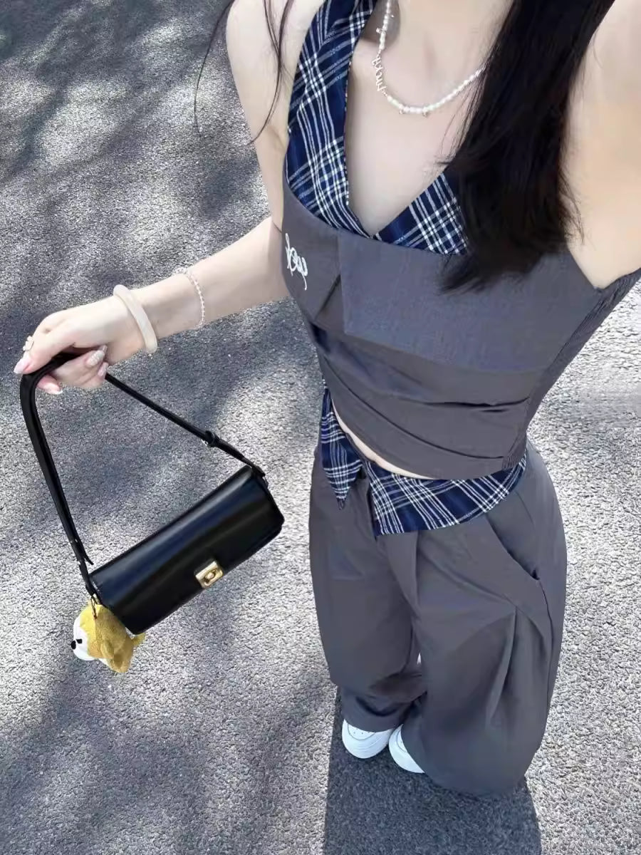 Preppy Style Trouser-suit Sleeveless Slash Neck Tops + Loose High-waist Baggy Pants