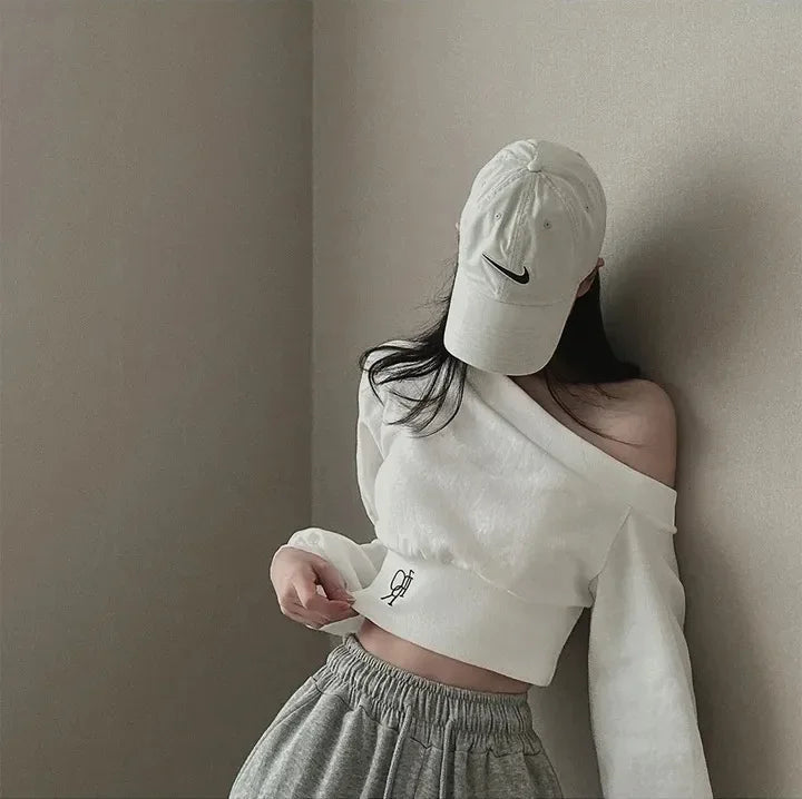 Korean Style Chic Hoodie Irregular Slash Neck Off Shoulder Long Sleeve Solid Waist Versatile