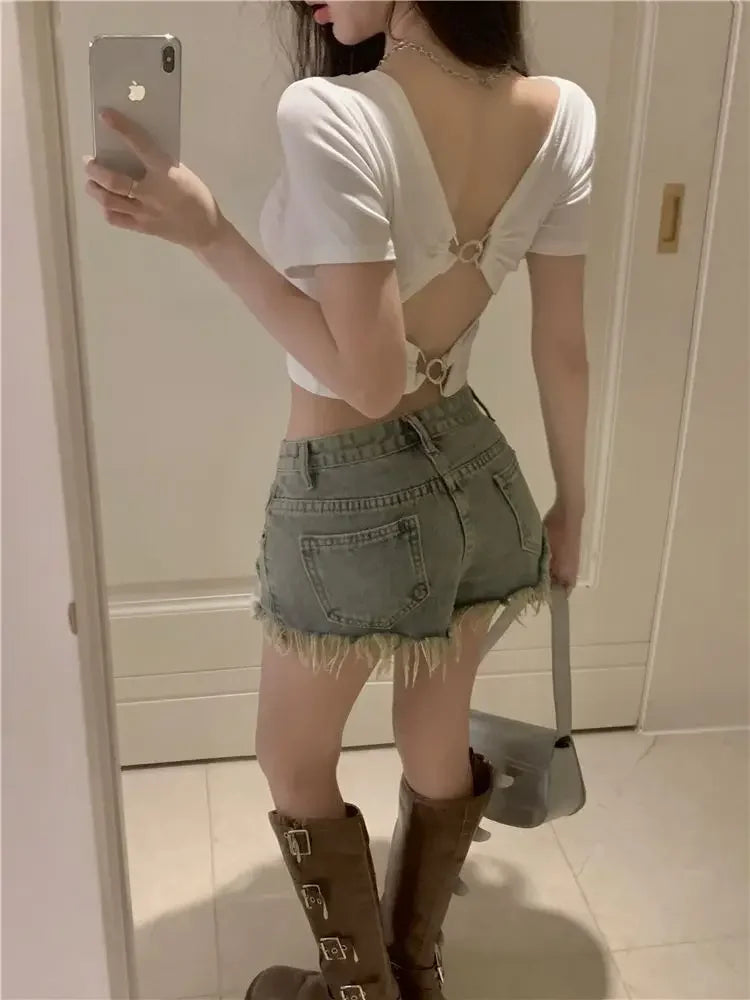 Vintage Lady Backless  Sexy Slim O-neck T-shirts Women Crop Club Tops