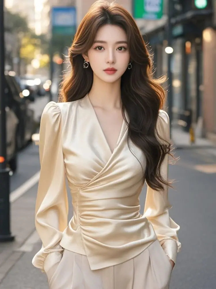 Satin V-neck Cross-length Long-sleeved Top
