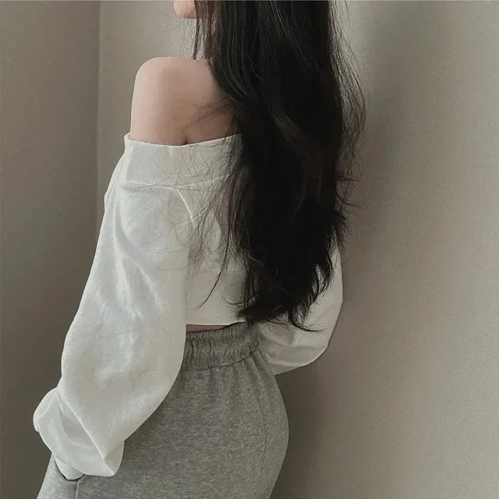 Korean Style Chic Hoodie Irregular Slash Neck Off Shoulder Long Sleeve Solid Waist Versatile