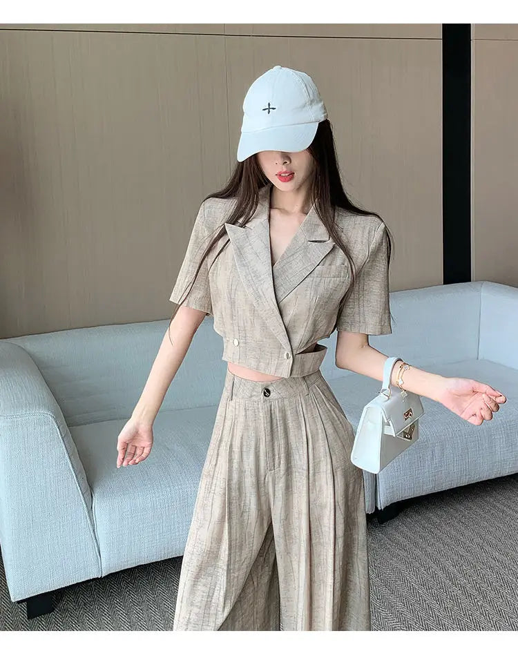 Office Lady Turn Down Collar Blazer + Wide Leg Pants Elegant Suit Top Two Piece Set
