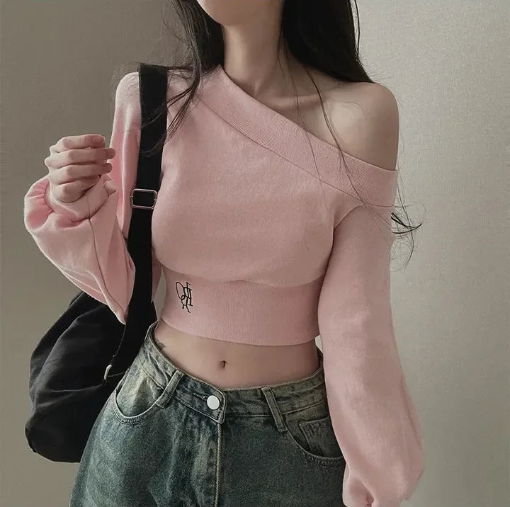 Korean Style Chic Hoodie Irregular Slash Neck Off Shoulder Long Sleeve Solid Waist Versatile