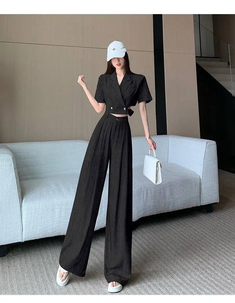 Office Lady Turn Down Collar Blazer + Wide Leg Pants Elegant Suit Top Two Piece Set