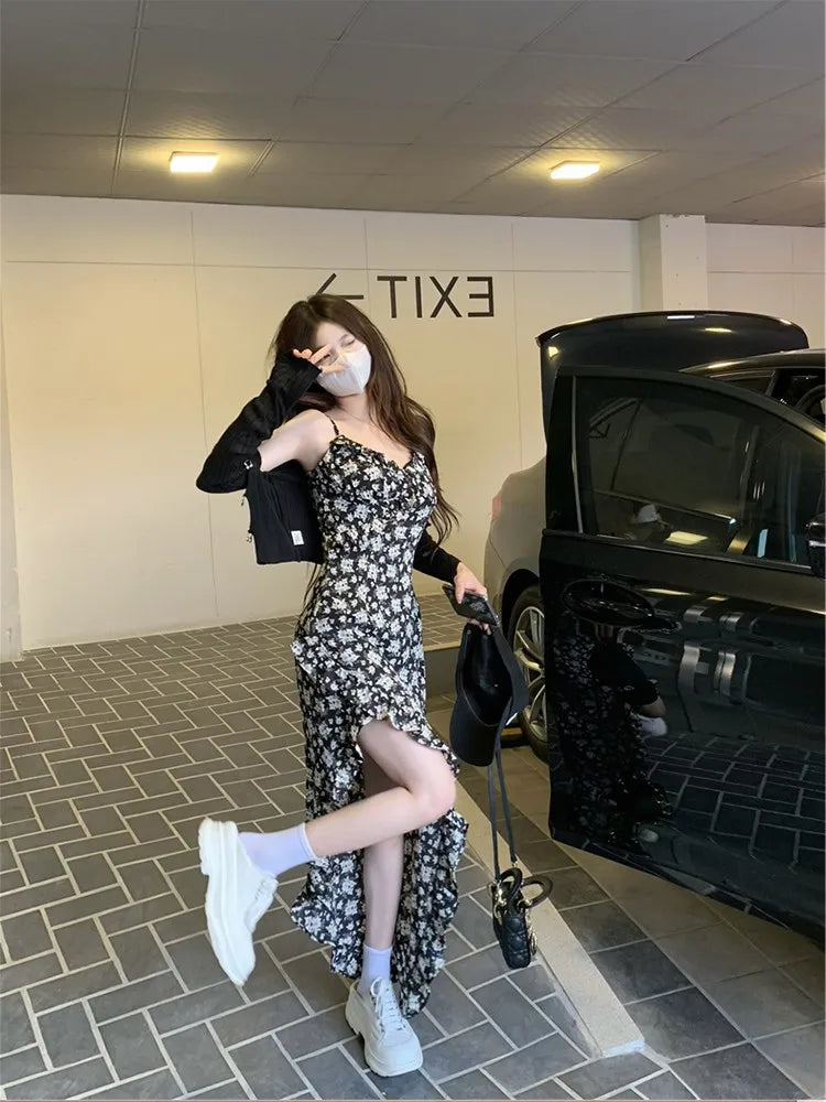 Korean Style Floral Maxi Slimming Long High Waist Zipper Closure Dress