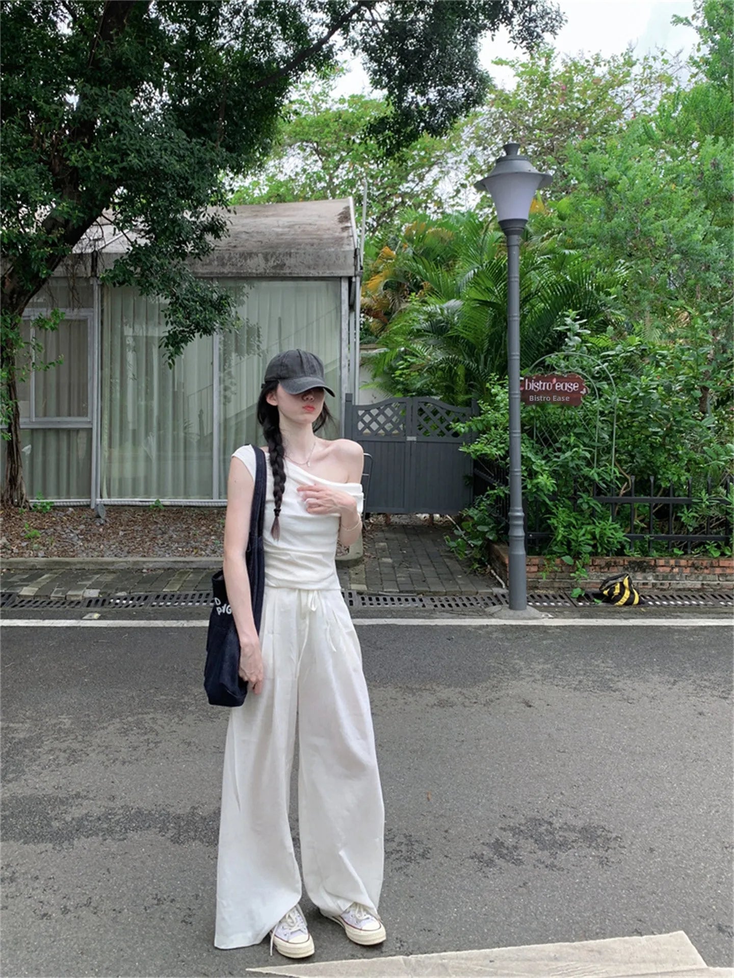 Korean Elegant Style Short Slim Fit Shoulder Sleeve And Wide Leg Pants Set Outfit