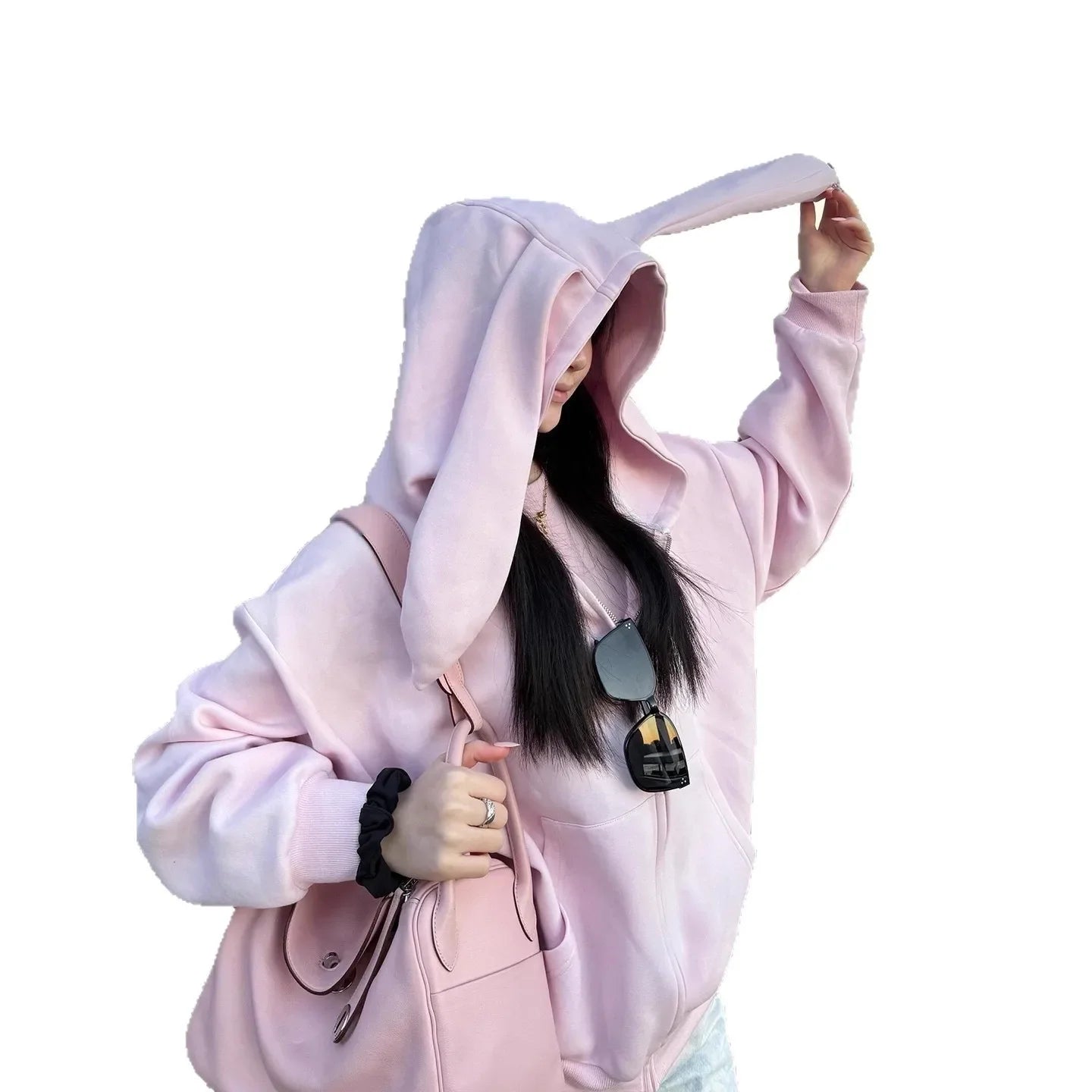 Korean Style Cute Pink Rabbit Ear Hoodie Loose Fit Streetwear