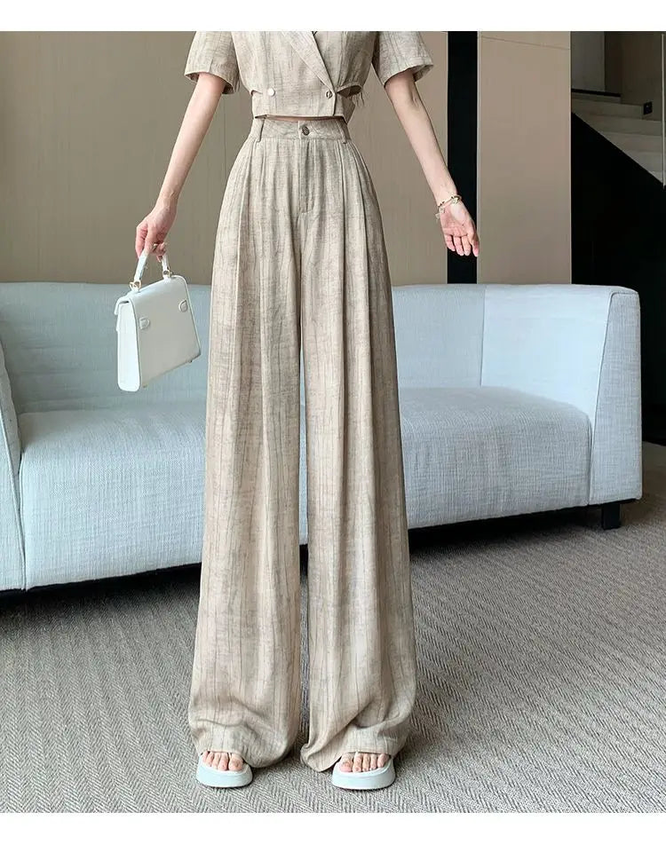 Office Lady Turn Down Collar Blazer + Wide Leg Pants Elegant Suit Top Two Piece Set