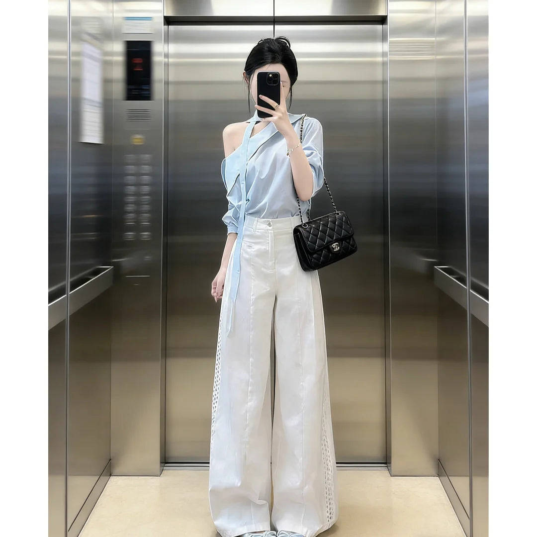 Blue Ins Style Set Long Sleeve Office Work Outfit