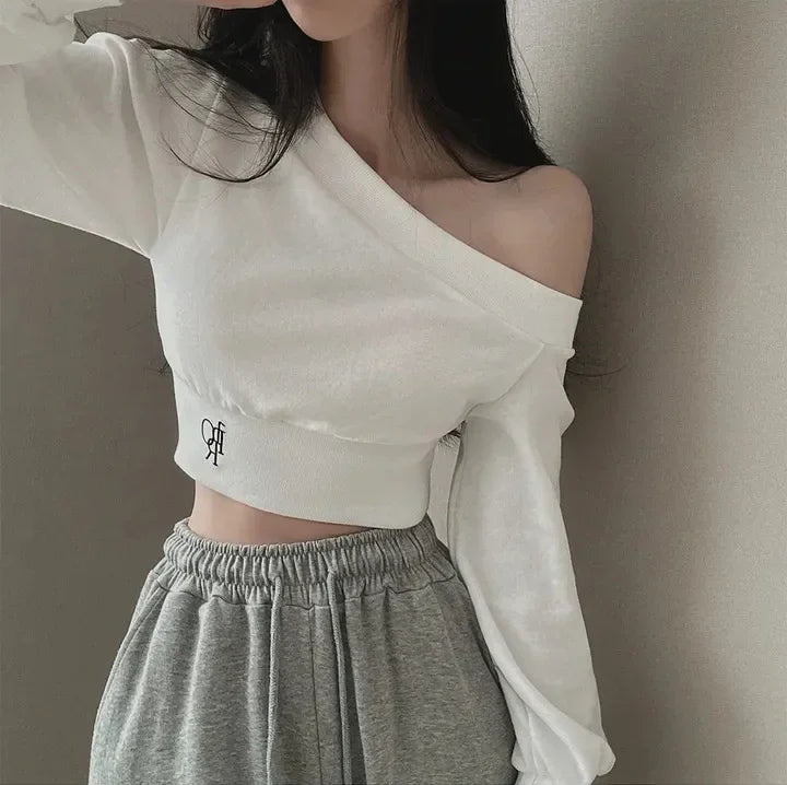 Korean Style Chic Hoodie Irregular Slash Neck Off Shoulder Long Sleeve Solid Waist Versatile