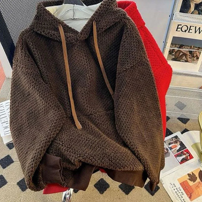 Korean Style Oversize Soft Thick Drawstring Knit Hoodie Top Sweater