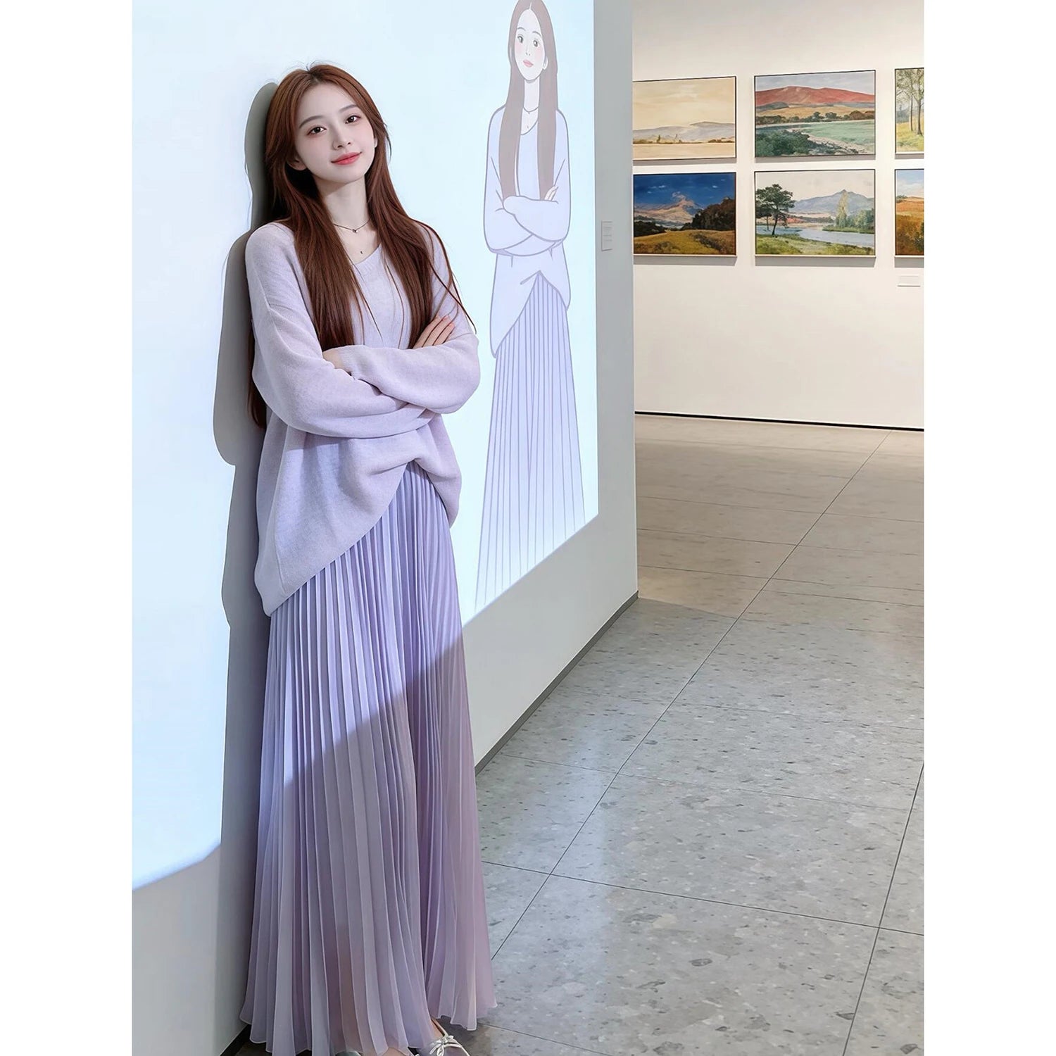 Korean Purple Sweater + Long Skirt Set Winter Casual