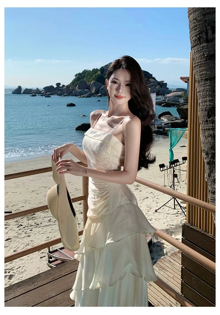Elegant Irregular Spaghetti Strap Sleeveless Long Dress