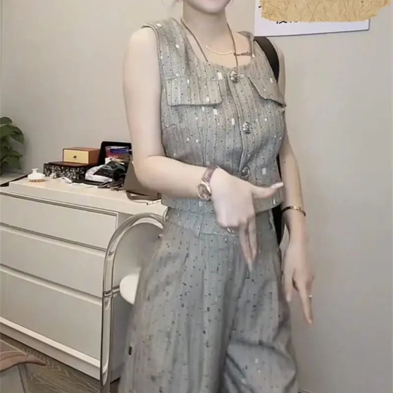 Korean Elegant Style Sleeveless Vest Jacket = High Waist Wide-Leg Pants Two Piece Set Outfit