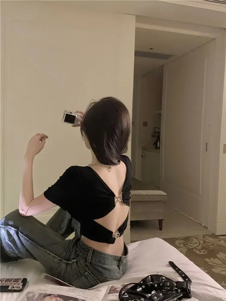Vintage Lady Backless  Sexy Slim O-neck T-shirts Women Crop Club Tops