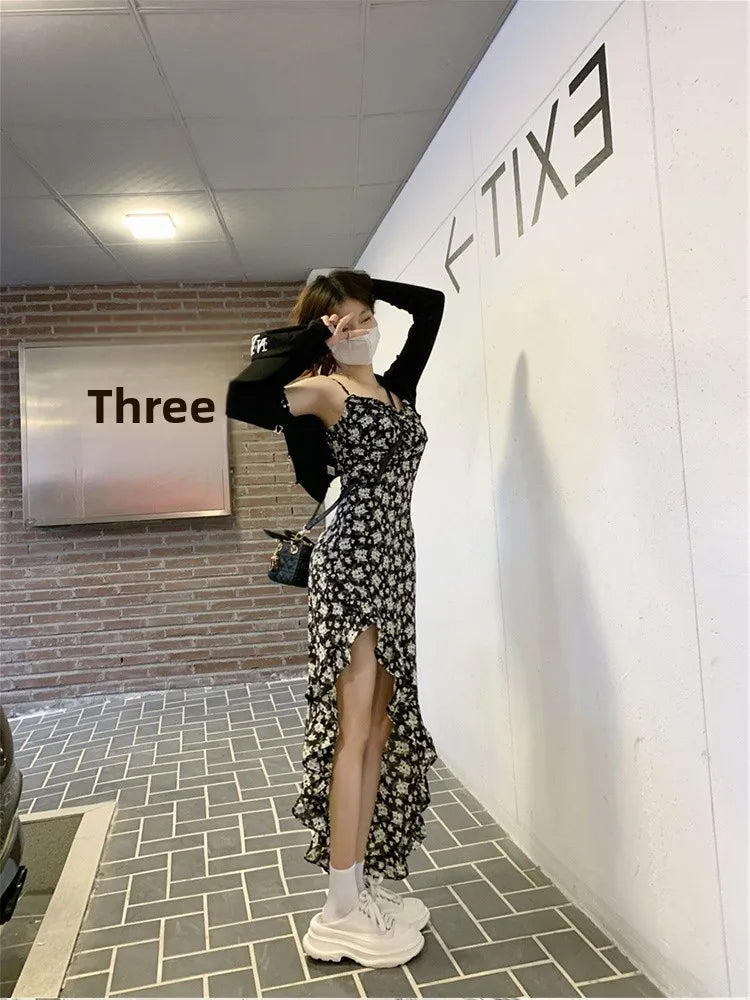 Korean Style Floral Maxi Slimming Long High Waist Zipper Closure Dress