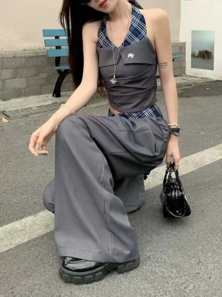 Preppy Style Trouser-suit Sleeveless Slash Neck Tops + Loose High-waist Baggy Pants
