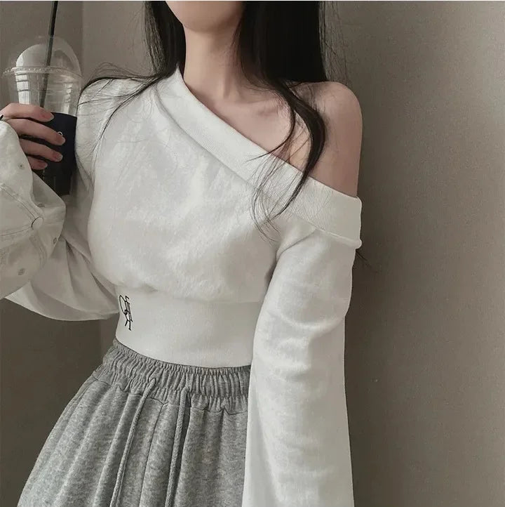 Korean Style Chic Hoodie Irregular Slash Neck Off Shoulder Long Sleeve Solid Waist Versatile