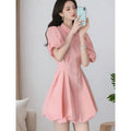 Sweet Lapel Button Spliced Folds Puff Sleeve Dress