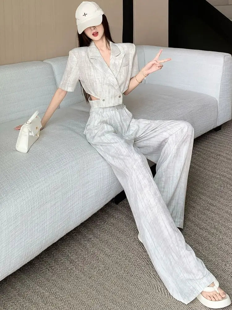 Office Lady Turn Down Collar Blazer + Wide Leg Pants Elegant Suit Top Two Piece Set