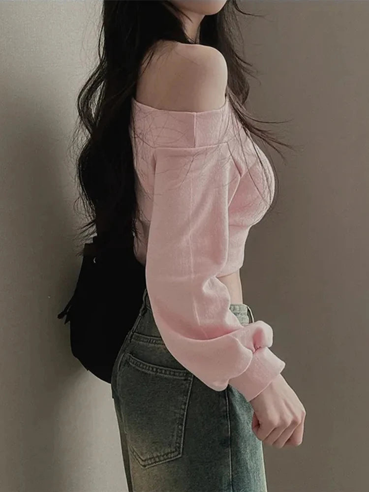 Korean Style Chic Hoodie Irregular Slash Neck Off Shoulder Long Sleeve Solid Waist Versatile