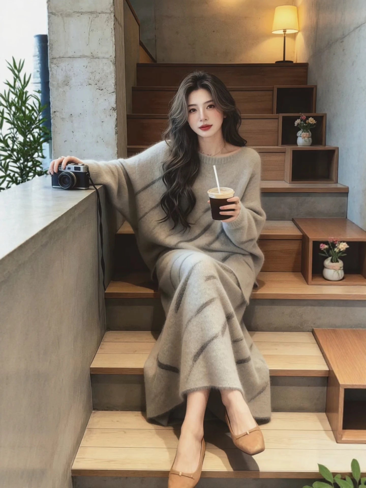 Knitted  Loose Fit High Waist Sweater And  Skirt Two-Piece Set