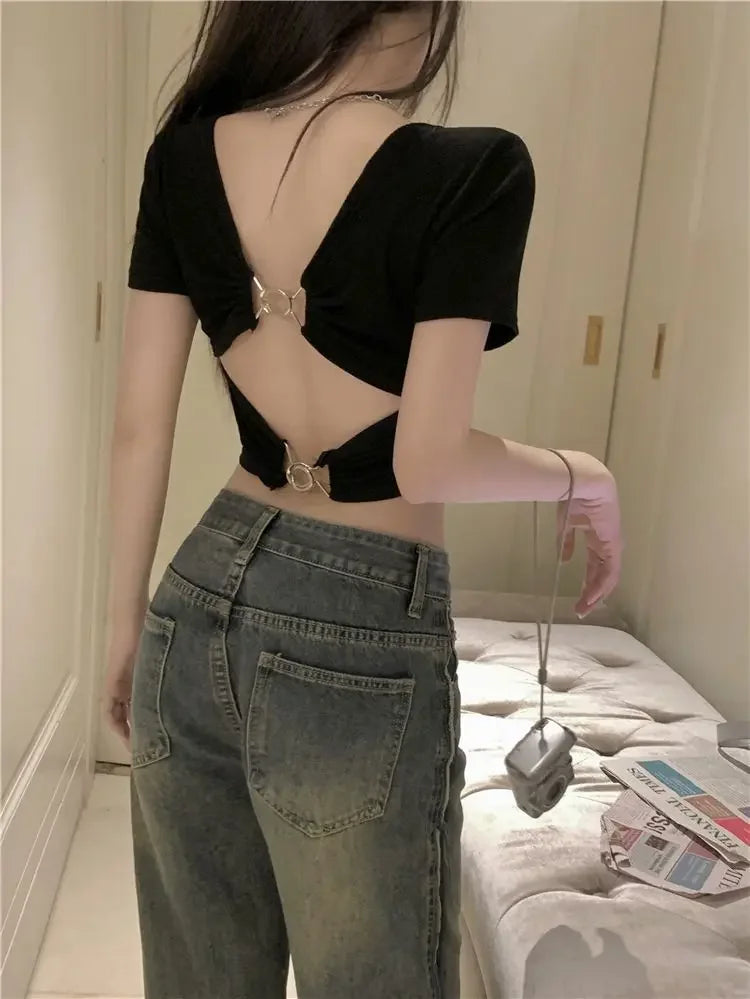 Vintage Lady Backless  Sexy Slim O-neck T-shirts Women Crop Club Tops