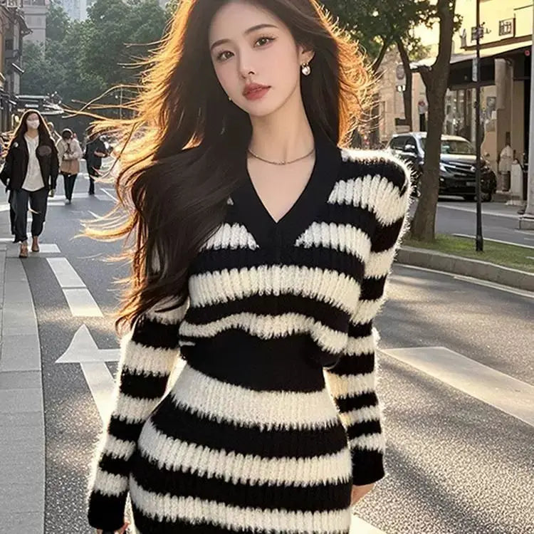 Black and White Striped Dress Sweater Hip Wrap Mini Dress