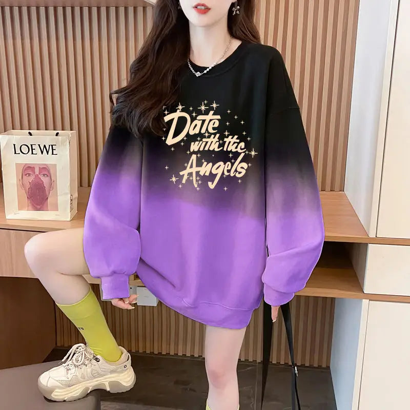 American Splicing Printed Loose Gradient Long Sleeve Hoodies