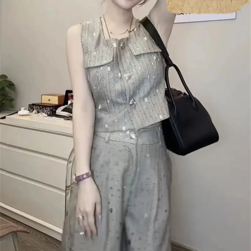 Korean Elegant Style Sleeveless Vest Jacket = High Waist Wide-Leg Pants Two Piece Set Outfit