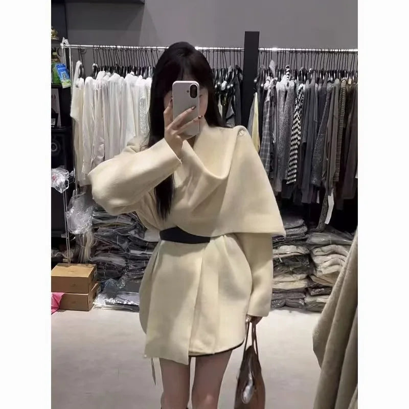 Elegant Cinched V-Neck Long Sleeve Knitted Sweater Slim Fit Coat