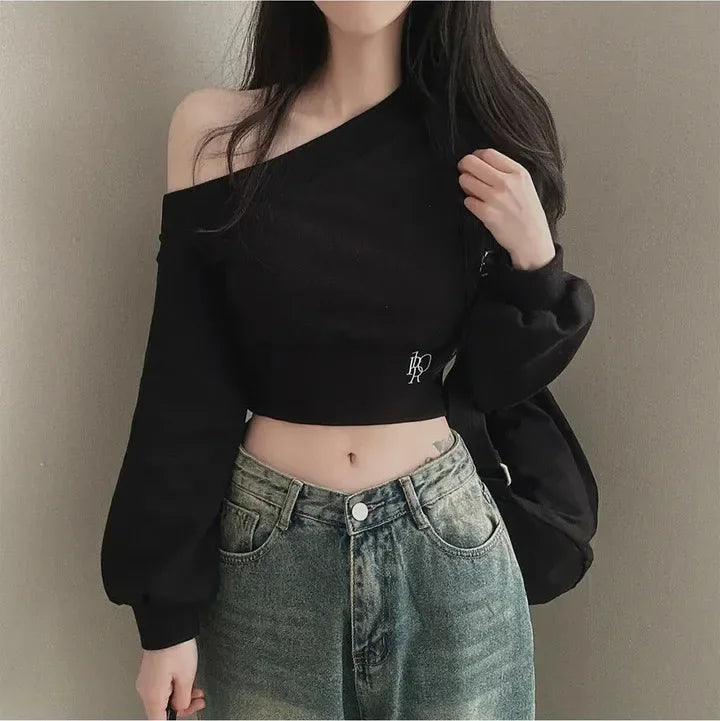 Korean Style Chic Hoodie Irregular Slash Neck Off Shoulder Long Sleeve Solid Waist Versatile