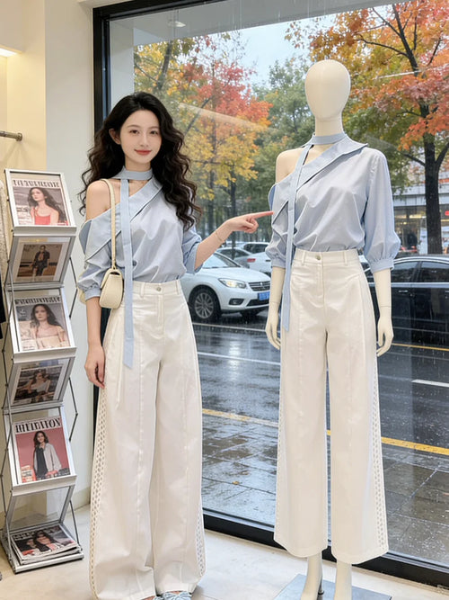 Blue Ins Style Set Long Sleeve Office Work Outfit