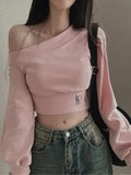 Korean Style Chic Hoodie Irregular Slash Neck Off Shoulder Long Sleeve Solid Waist Versatile