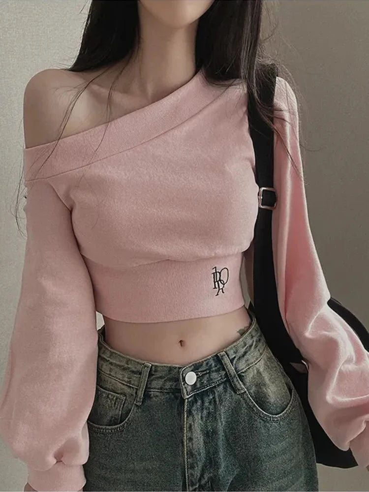 Korean Style Chic Hoodie Irregular Slash Neck Off Shoulder Long Sleeve Solid Waist Versatile