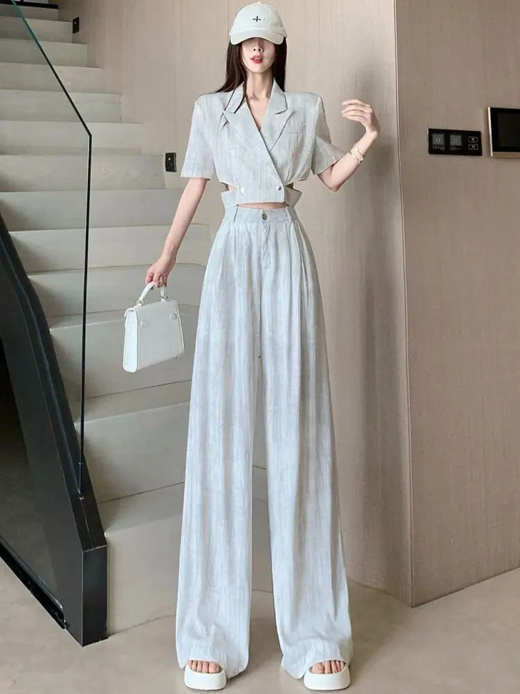 Office Lady Turn Down Collar Blazer + Wide Leg Pants Elegant Suit Top Two Piece Set