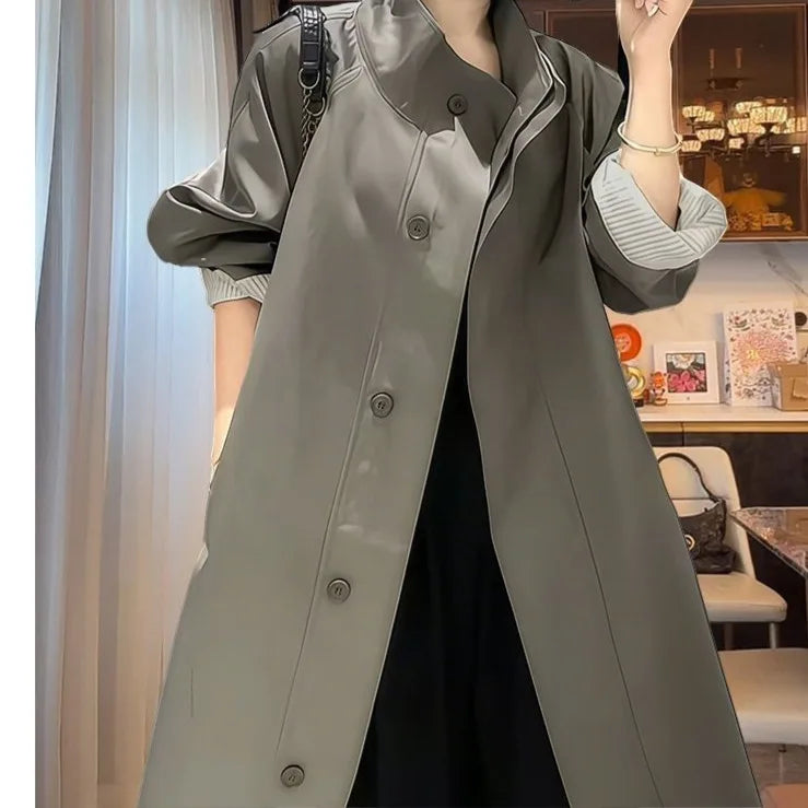 Elegant Style Stand Collar Oversized Striped Sleeve Trench Coat
