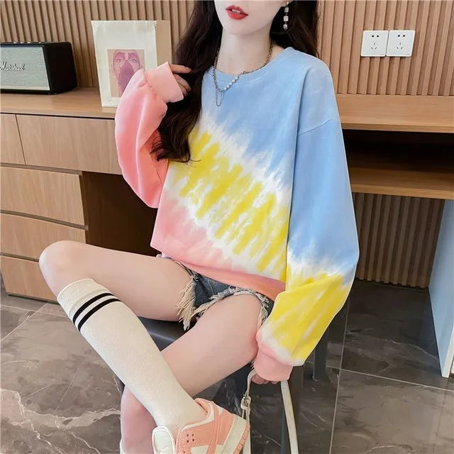 Tie Dye Gradient Pullover Top Korean Rainbow Ladies Sweatshirts