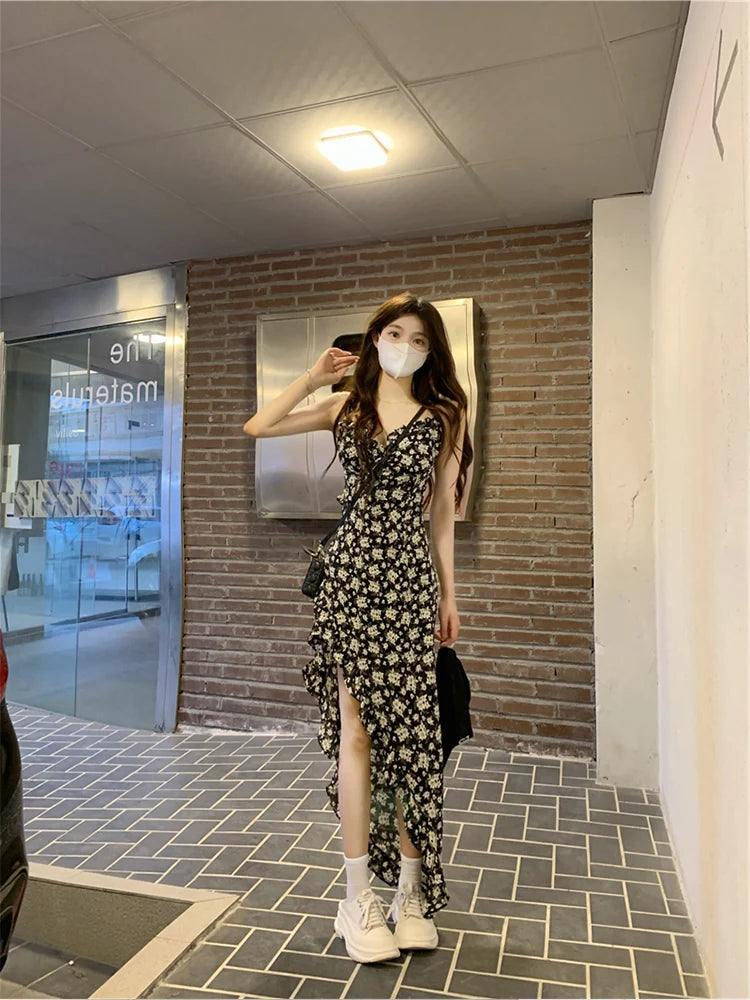 Korean Style Floral Maxi Slimming Long High Waist Zipper Closure Dress