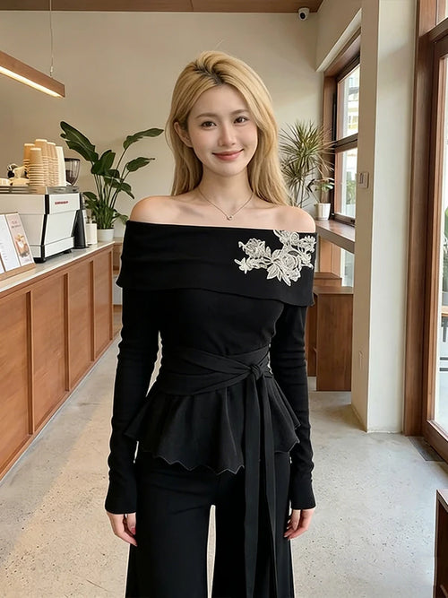 Elegant Embroidered Asymmetrical Women's Slim Fit Long Sleeve Top