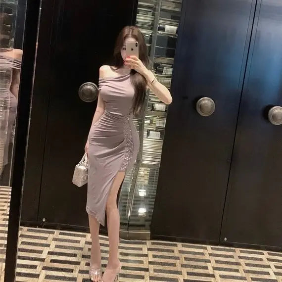 Elegant One Shoulder Sequin Split Evening Party Dress